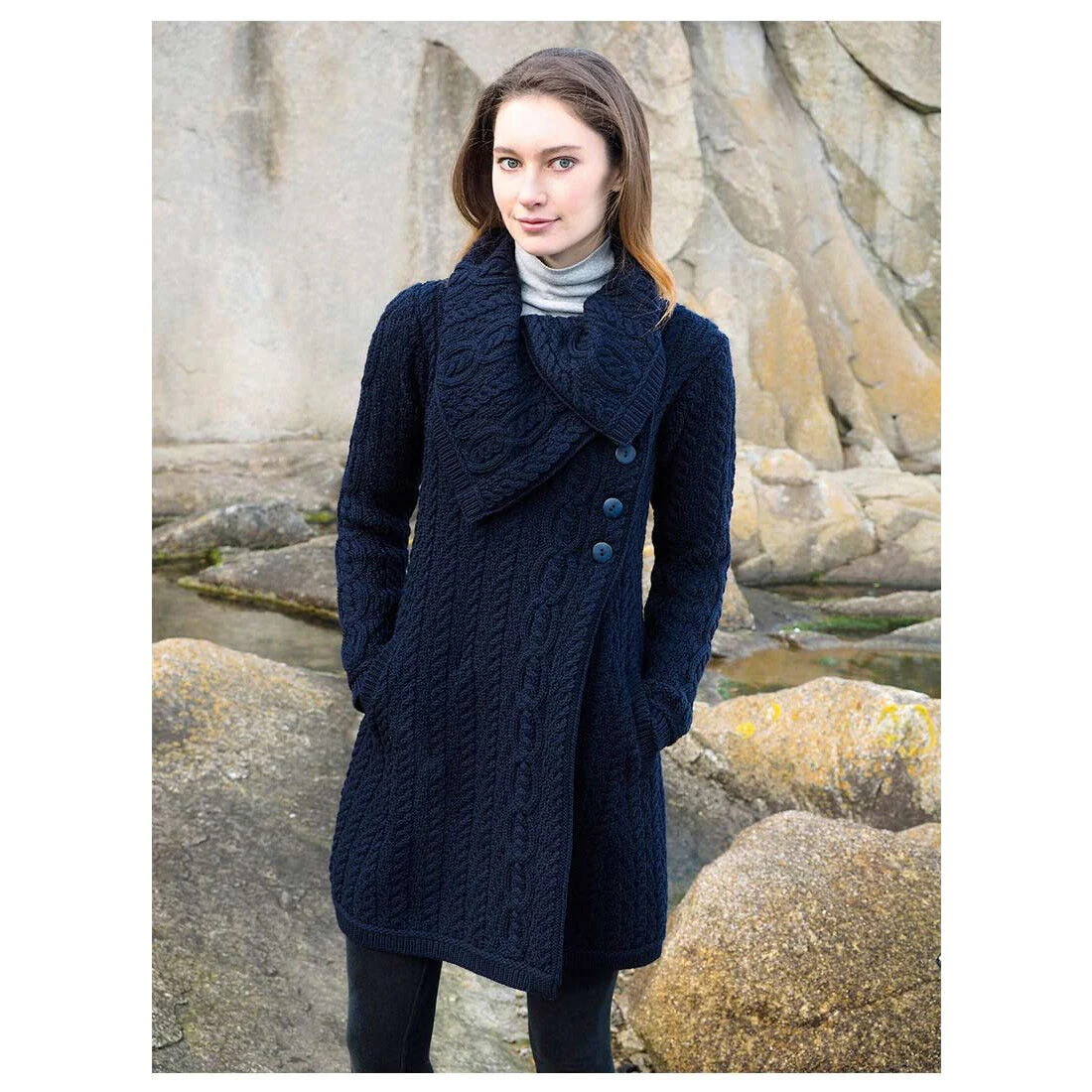 Women's Aran Chunky Collar Navy Coat - Image 5