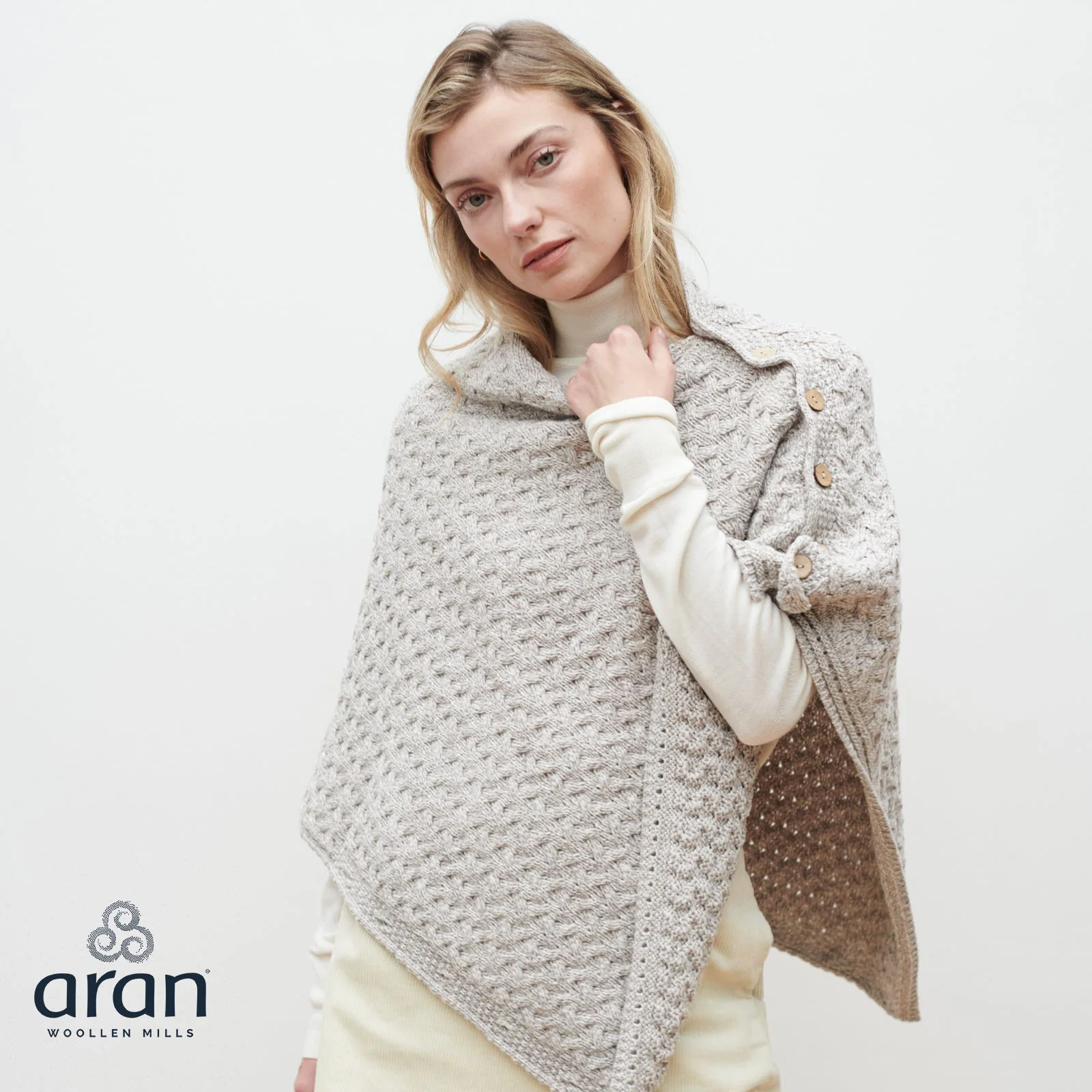 Women's Aran Super Soft Merino Oatmeal Poncho - Image 6