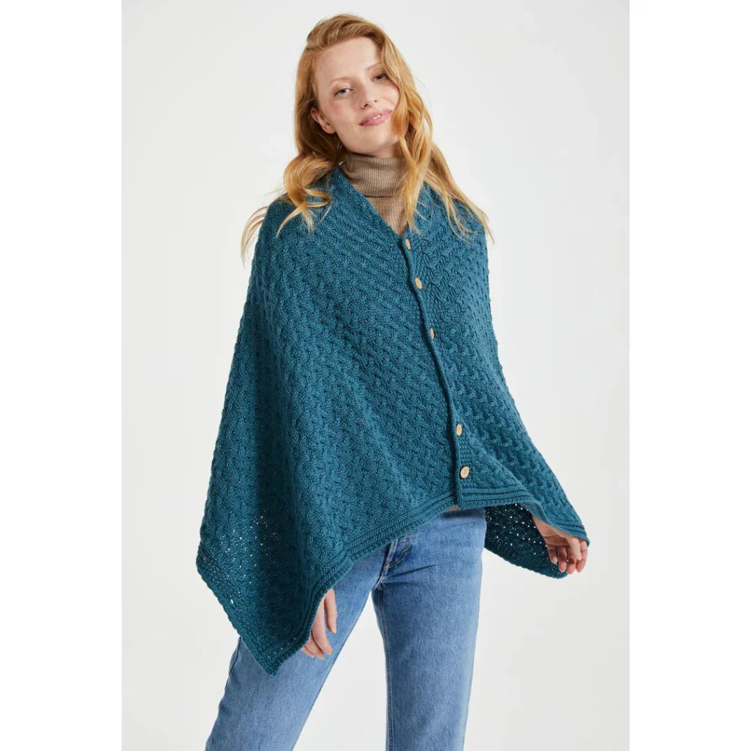 Women's Aran Super Soft Merino Teal Poncho - Image 5
