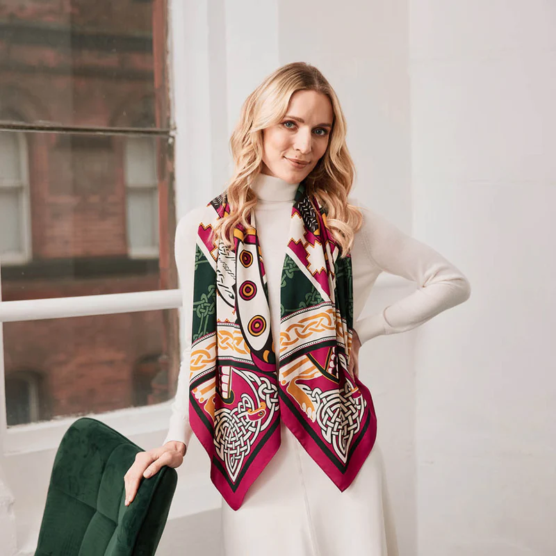 Women's Celtic Bird Square Scarf Pink & Bottle Green - Image 2