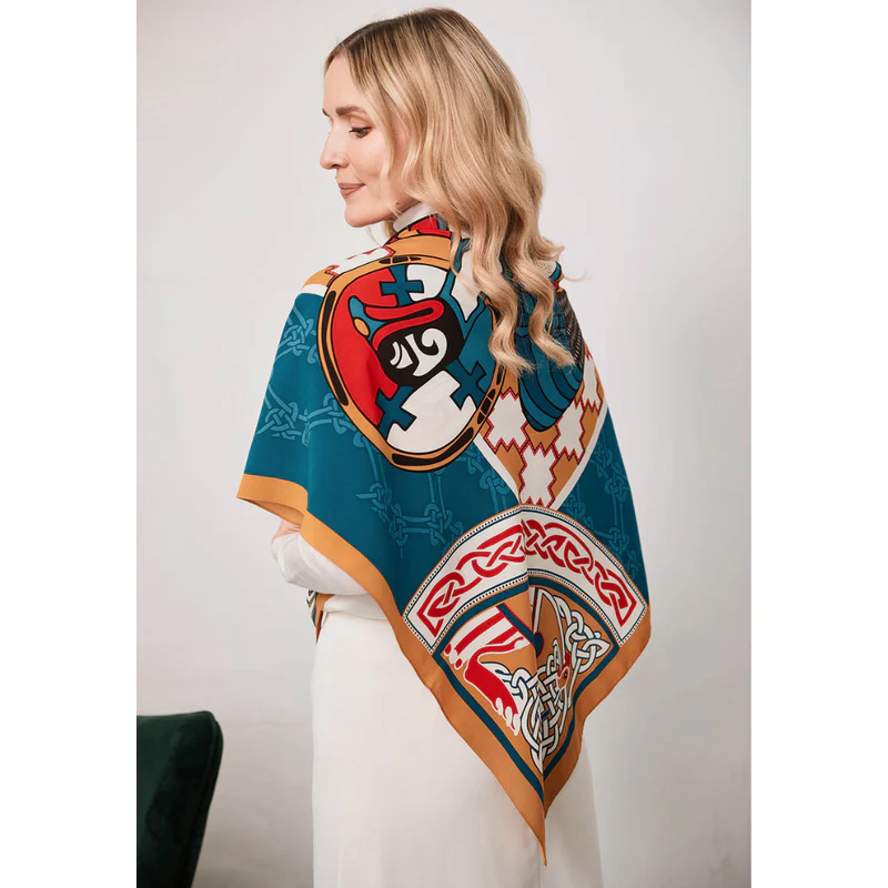 Women's Celtic Bird Square Scarf Teal & Gold - Image 3