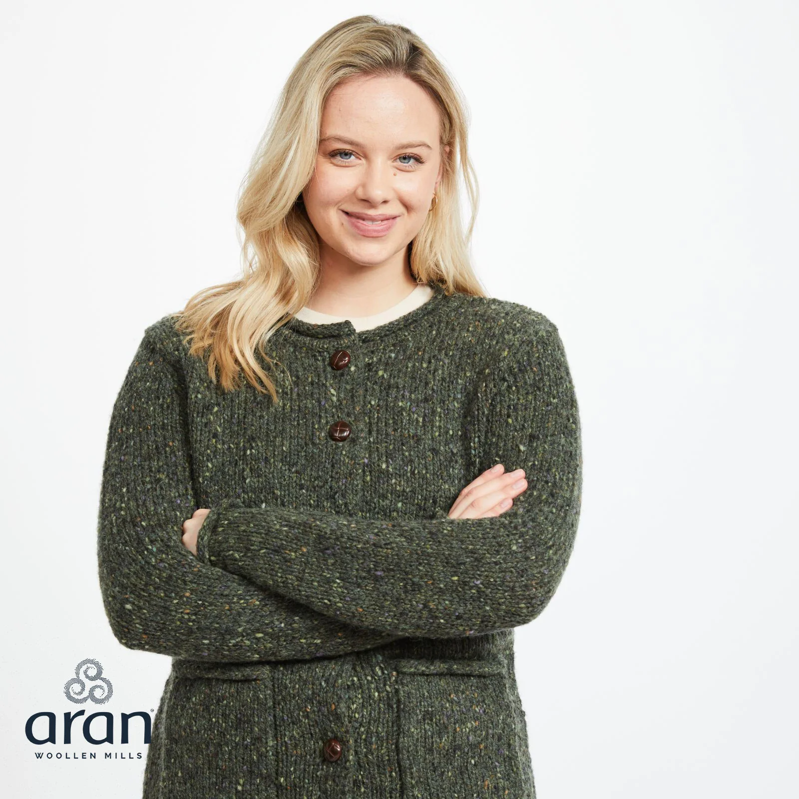Women's Donegal Tweed Aran Green Cardigan - Image 2
