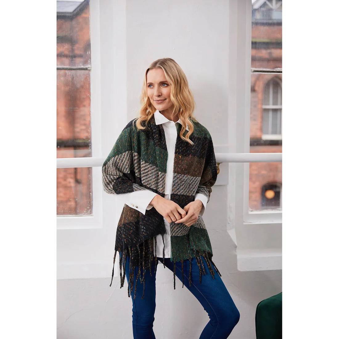 Women's Green Black & Grey Twill Stripe Scarf - Image 5