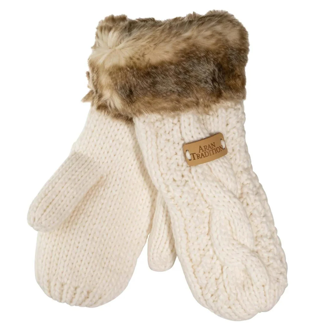 Women's Knitted Mittens With Fur Trim Cream