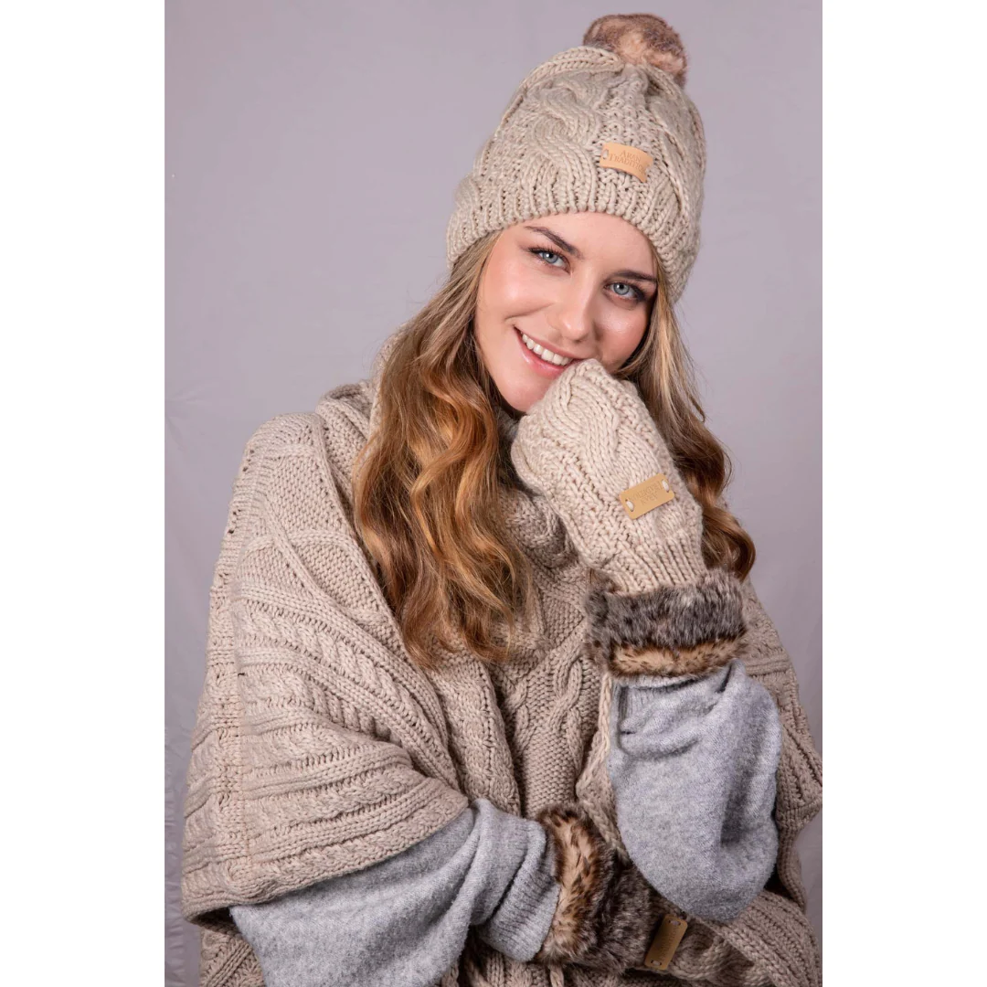 Women's Knitted Mittens With Fur Trim Oatmeal - Image 2