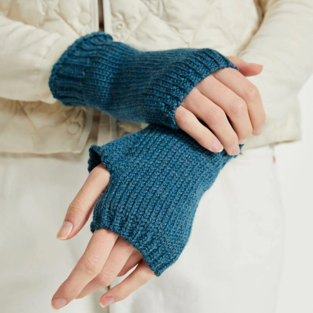 Women's Nepped Wool Teal Fingerless Mitts - Image 2