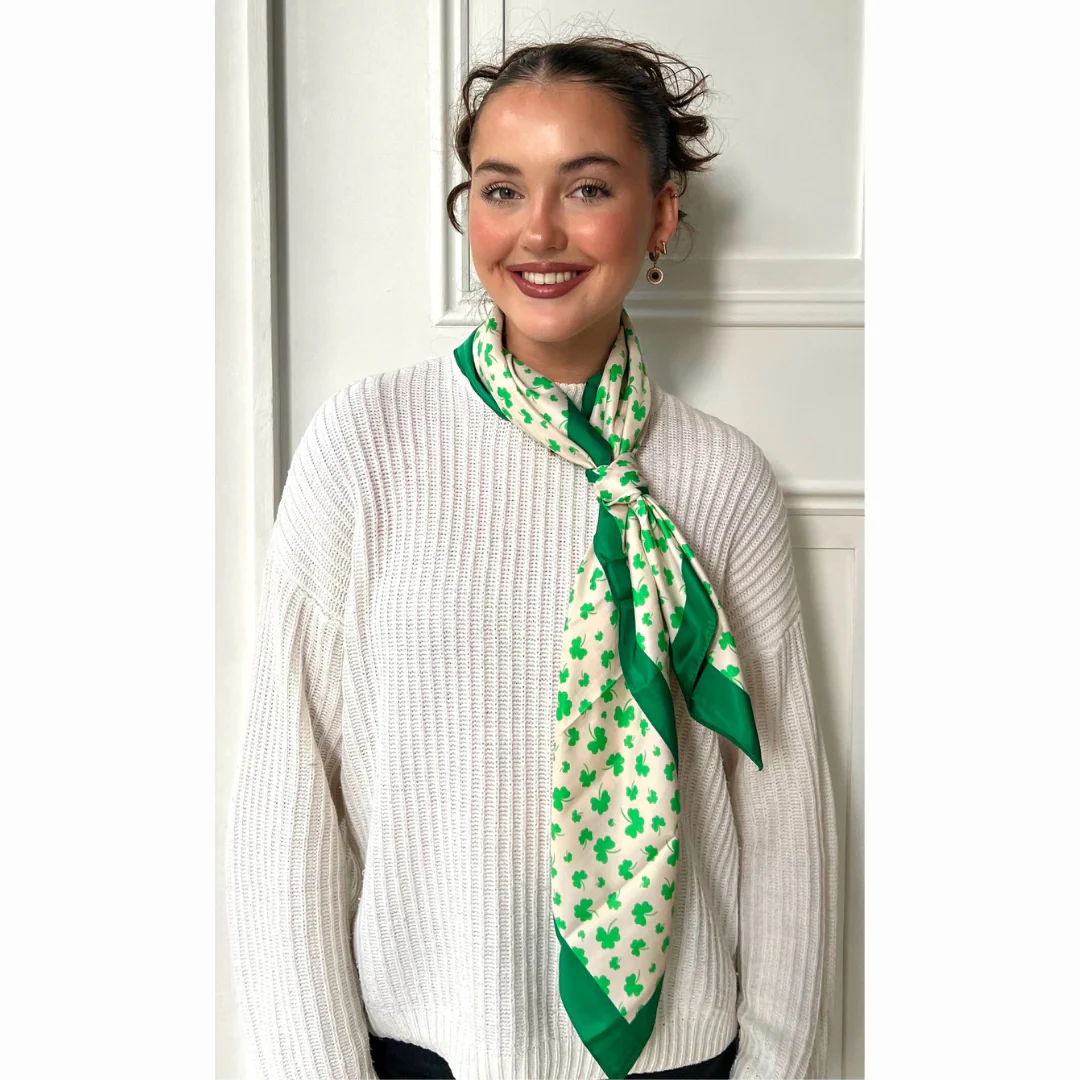 Women's Polysilk Green And Cream Shamrock Scarf - Image 3